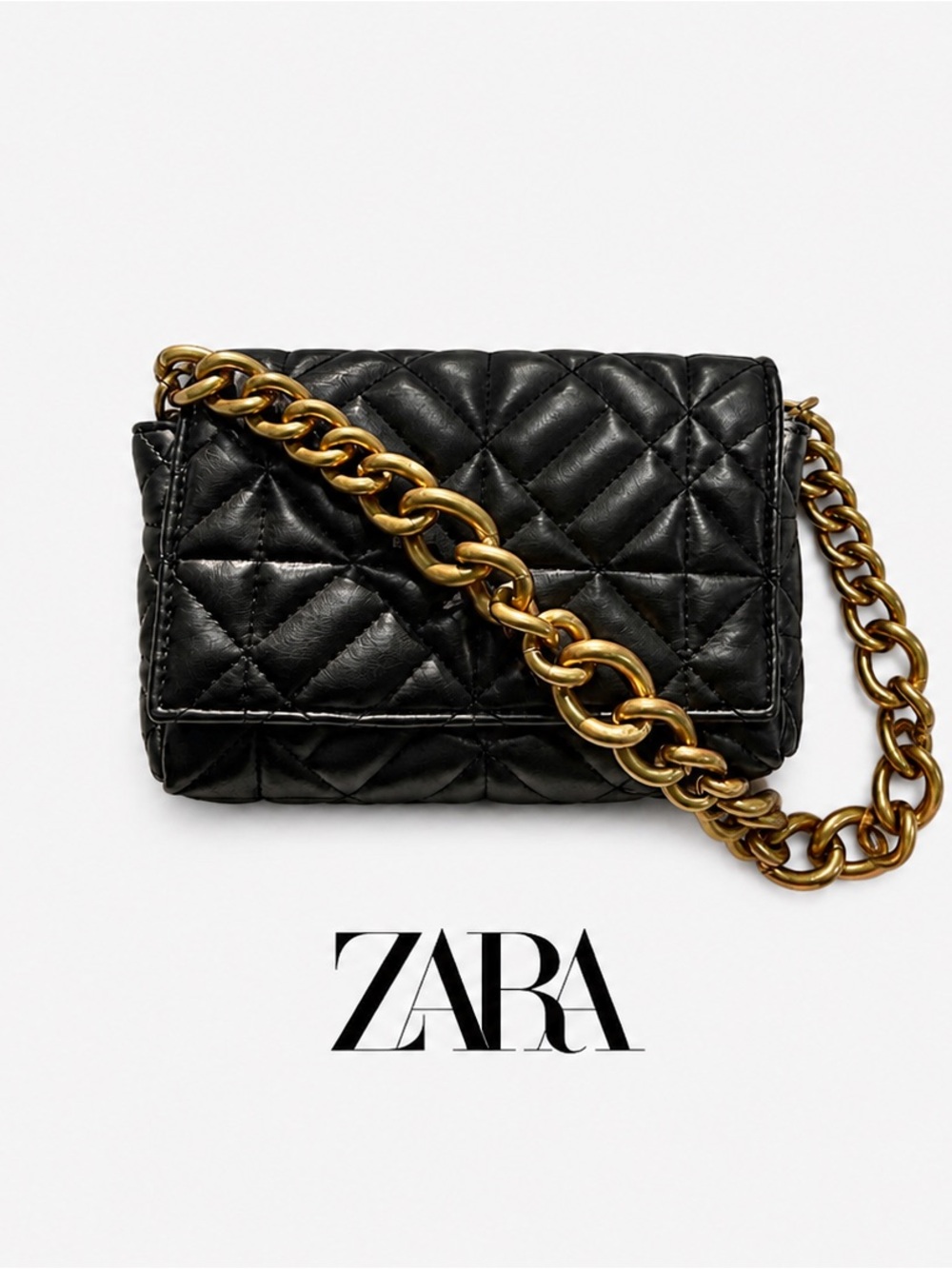ZARA Black & Chunky Gold Chain Quilted Flap Shoulder Bag